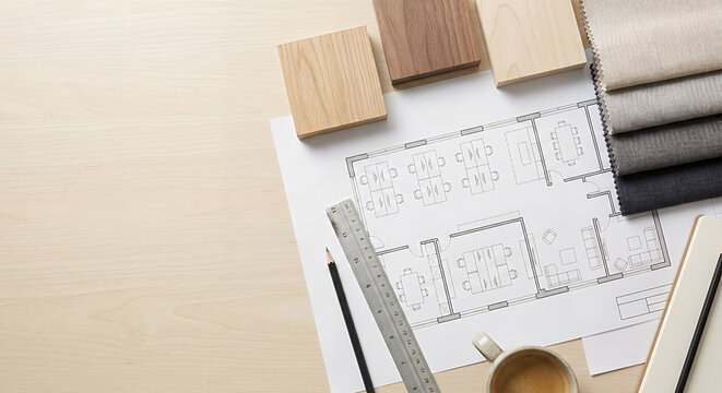 Architectural blueprints and material samples are laid out on a wooden desk, suggesting interior design planning. 