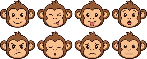 Cute cartoon monkey face emoji set with different emotions and expressions vector mascot collection © MDRAKIB