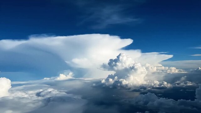 Dramatic white thunderclouds rising above a blue sky, viewed from above with soft light and a wide open horizon.
