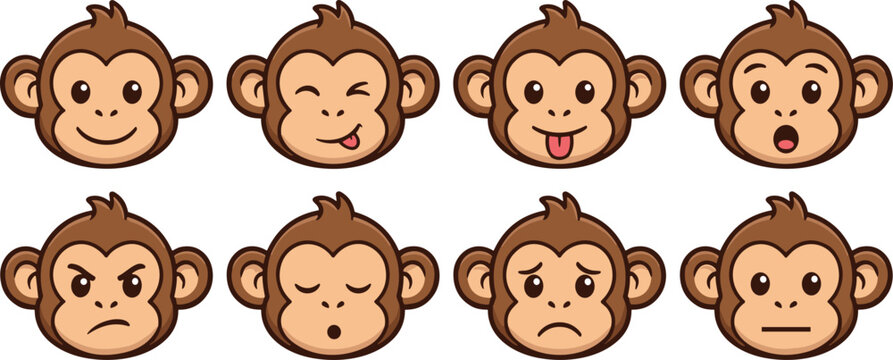 Cute cartoon monkey face emoji set with different emotions and expressions vector mascot collection