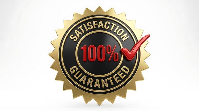 3d render of a golden satisfaction guaranteed seal with a red check mark symbol