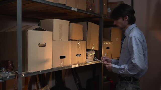 Man standing among cardboard boxes in a warehouse storage room