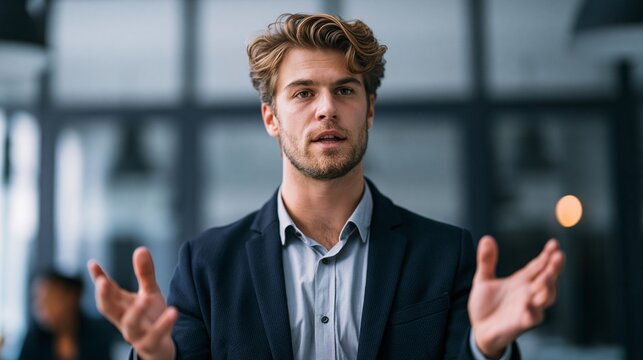 Young businessman gesturing with open hands in office