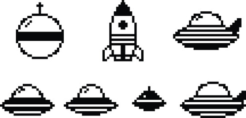 Retro Pixel Art Spacecraft Icons Set Featuring UFO Flying Saucer Rocket and Futuristic Game Assets Collection © MDRAKIB