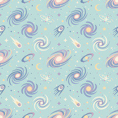 Whimsical space seamless pattern with pastel galaxies and stars © Diego
