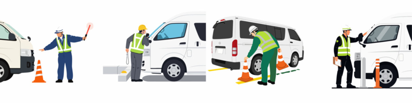 Illustration set of security guards and workers managing traffic and parking around white vans using cones, light batons, and clipboards.