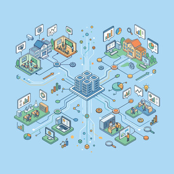Isometric illustration of a smart school network system