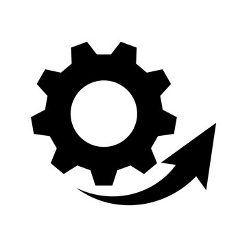 Simple outline icon of gear and upward arrow representing automation, workflow improvement, optimization, system update, efficiency, and business process management.