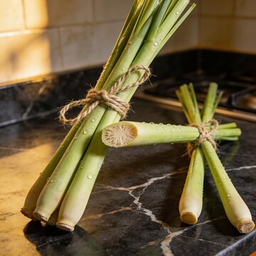 Daun Serai Fresh green lemongrass stalks tied with rustic string on a dark marble kitchen counter with water drops, aromatic Asian herbs and cooking ingredients.