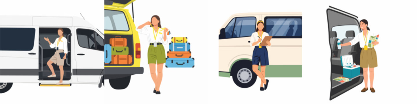 Set of flat vector illustrations depicting a professional female tour guide managing luggage, passengers, and logistical tasks with various shuttle vans.