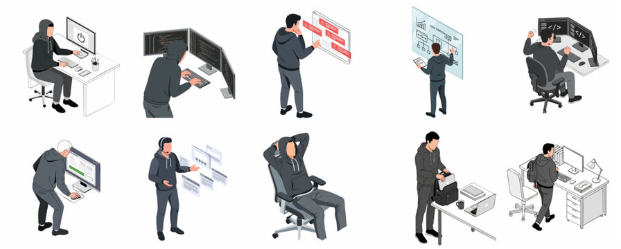 Isometric Vector Illustration Set of Hackers and IT Developers Working on Computers and Coding