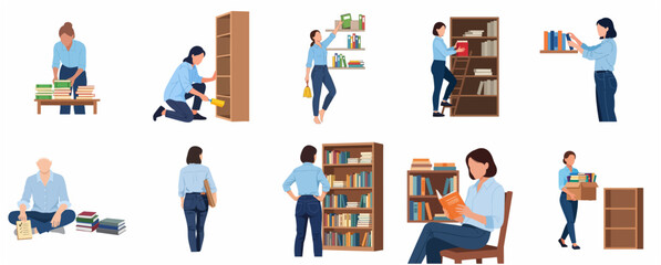 Set of diverse people organizing books, cleaning bookshelves, and reading in flat vector style © Arne