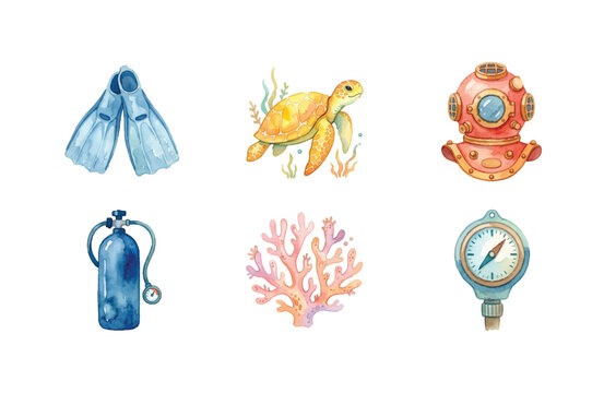 Watercolor scuba diving icons set, marine life and underwater equipment elements isolated on white background