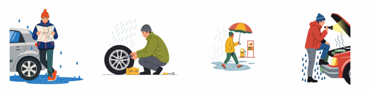 Drivers facing various car-related challenges and road troubles during rainy weather conditions, including breakdowns, flat tires, and getting lost.