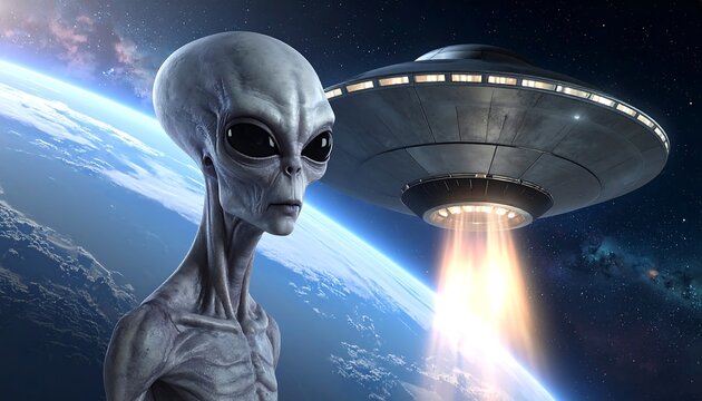 Grey alien near Earth with a flying saucer emitting bright light in outer space