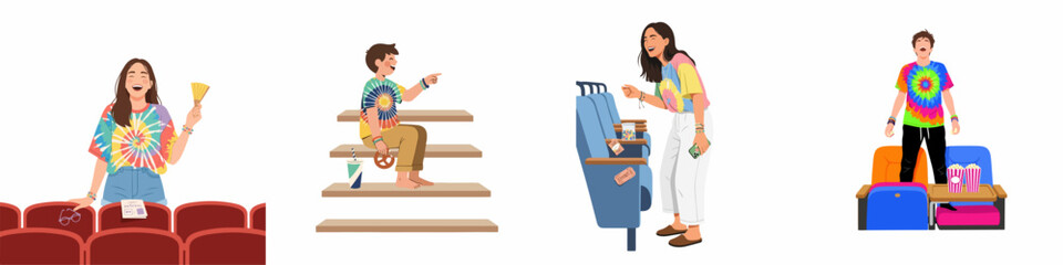 Vector illustrations of happy young people enjoying a movie theater experience with snacks, wearing colorful tie-dye shirts, set against a white background.