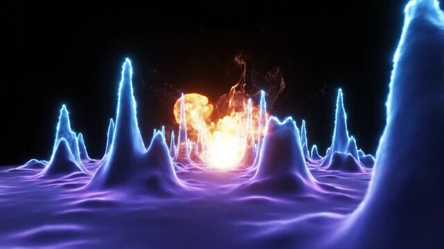Vibrant orange fireball explosion rising behind abstract glowing blue mountains in a dark digital landscape