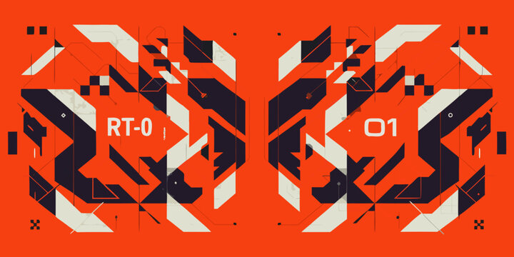 Geometric pattern with angular shapes and bold typography on a bright orange background abstract asymmetrical