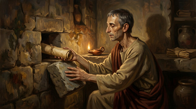 Ancient Scribe Hiding Secret Parchment Scroll inside Stone Wall Cell