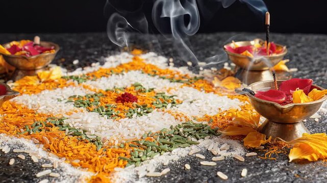 Indian Independence Day decoration with tricolor rangoli and oil lamps