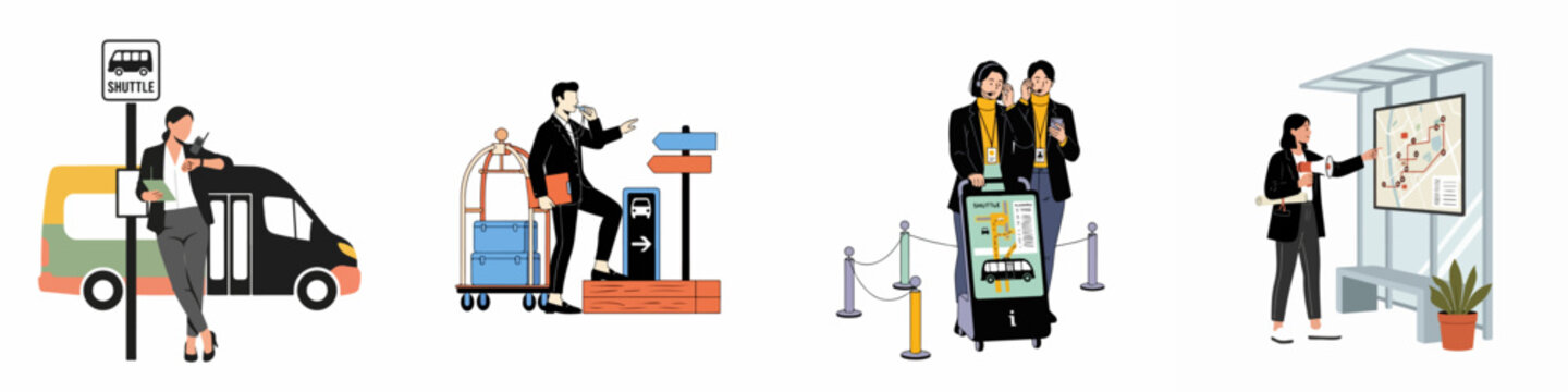 Collection of flat vector illustrations depicting transportation and hospitality staff managing shuttle services, luggage concierge, information kiosks, and transit maps.