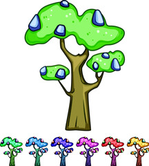 Obraz premium Fantasy cartoon tree featuring a stylized brown trunk and branches with yellow foliage adorned by glowing blue and turquoise gem like formations, isolated on white