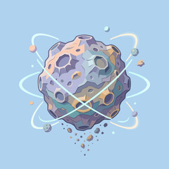 A stylized cartoon asteroid with craters floats in space © Ethan