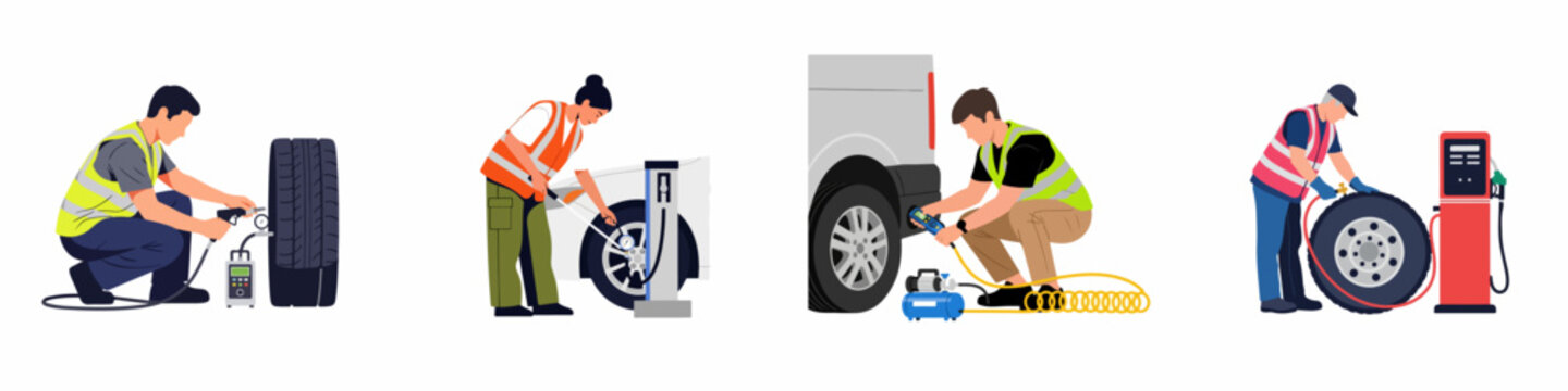 Set of vector illustrations showing professional mechanics and drivers inflating car tires and checking pressure using various air compressors and gas station equipment.