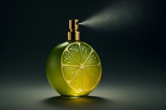 Conceptual lime-shaped perfume bottle spraying a fresh citrus mist