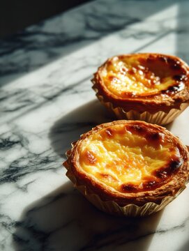 Golden Hong Kong egg tarts on a marble surface illuminated by afternoon window light.