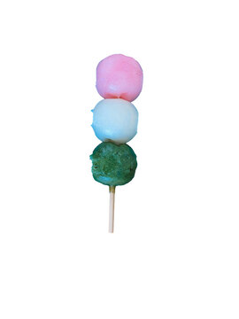 Three-color dango (Sanshoku dango), Japanese traditional sweet mochi on a stick, isolated on alpha transparent background.