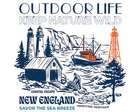 New England, maritime heritage, lighthouse, fishing boat, coastal escape, nautical illustration, outdoor life, keep nature wild, t-shirt