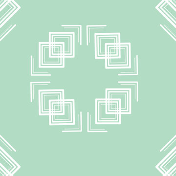 Geometric square mandala seamless pattern on mint green background.