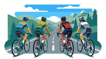 Fototapeta premium Flat design illustration of four colorful cyclists in helmets riding road bikes along a winding mountain highway surrounded by trees and snow-capped peaks.