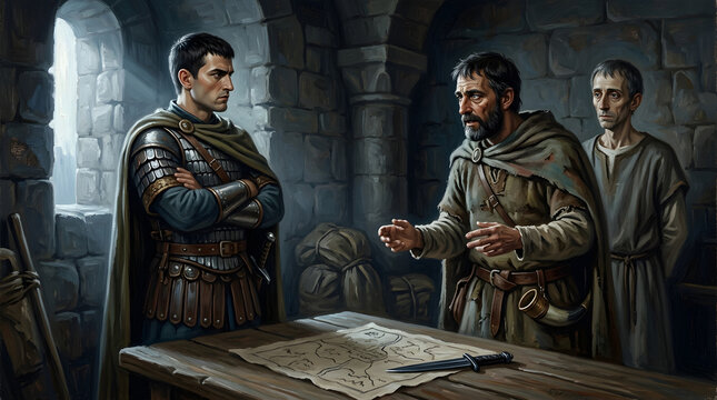 Medieval commander in armor listening to peasant men discussing strategy over a map in a dark stone castle chamber