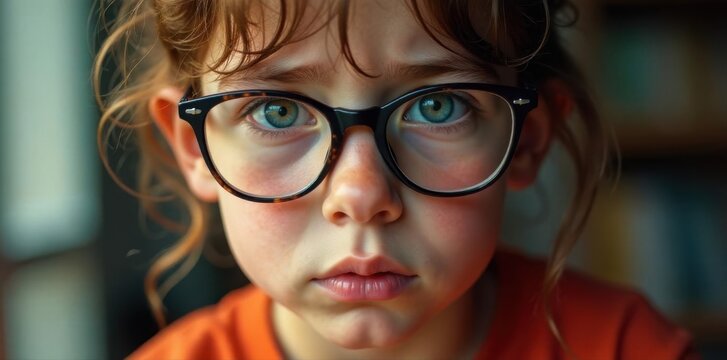 Close-up, weary young face, dry irritated eyes, holding spectacles, dry eyes, blurry
