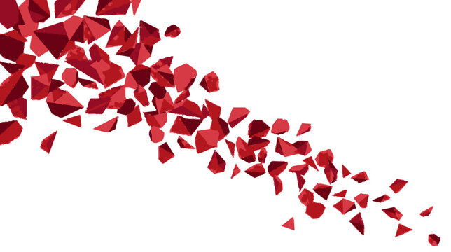 Abstract geometric illustration of low-poly red and crimson triangular fragments scattered in a flowing diagonal trail across a clean white background, resembling falling rose petals.