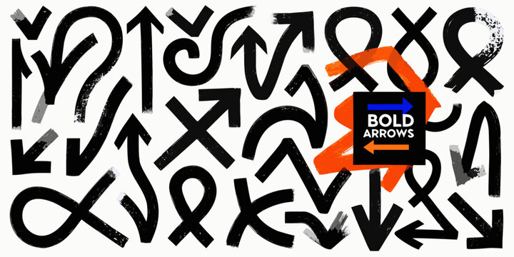 Collection of hand drawn brush stroke arrows black and orange vector illustration arrowhead arrow symbols