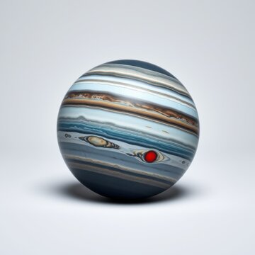 Jupiter planet shown. Striking bands, swirling clouds, prominent red spot visible. Soft lighting, simple background.