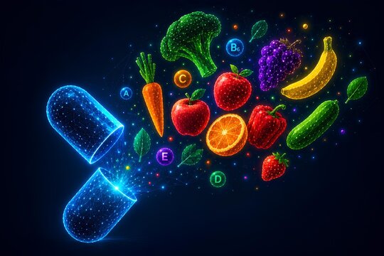 Futuristic 3D wireframe capsule opening to release glowing fresh fruits and vegetables. Concept of advanced nutrition, multivitamins, and wellness