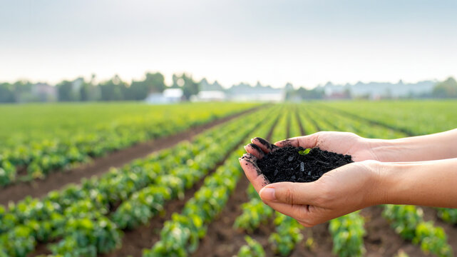 Part of Nusantara Harvest, Hands holding fertile black soil with seedling over green crop field