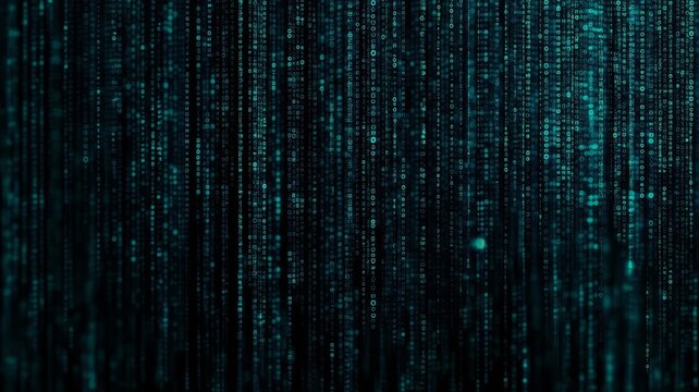 Abstract digital background featuring cascading binary data code streams in vibrant cyan blue tones for tech concepts.