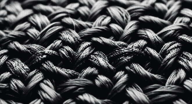 Close up halftone texture of woven fabric, intricate pattern of interlaced threads, textile background with detailed structure.