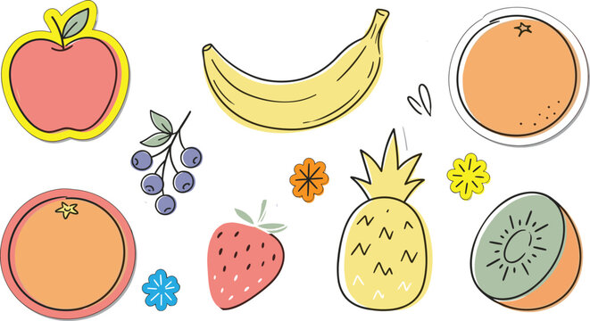 Cute fruit sticker collection featuring apple, banana, orange, pineapple, kiwi, blueberry and strawberry cartoon food illustrations