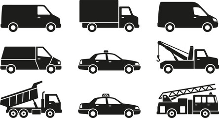Commercial Vehicle Silhouette Icon Set Featuring Vans Trucks Taxis Tow Trucks and Emergency Service Fleet © Akhi999