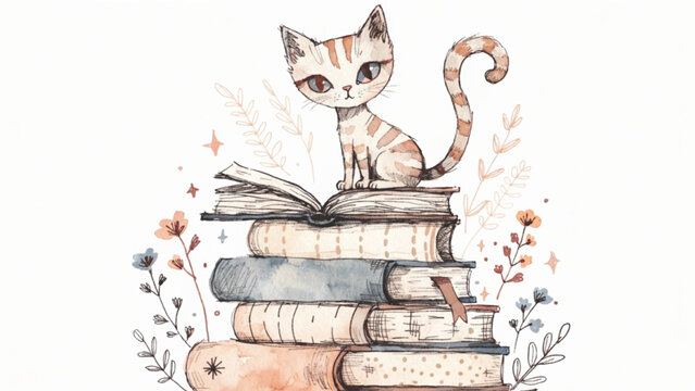 Charming fairytale illustration of a smiling gray tabby kitten sitting on stacked old books with cute heart vector background
