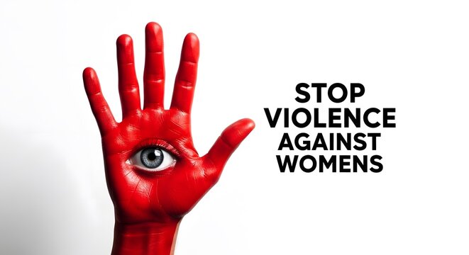 Stop violence against women red hand with eye symbolizing awareness
