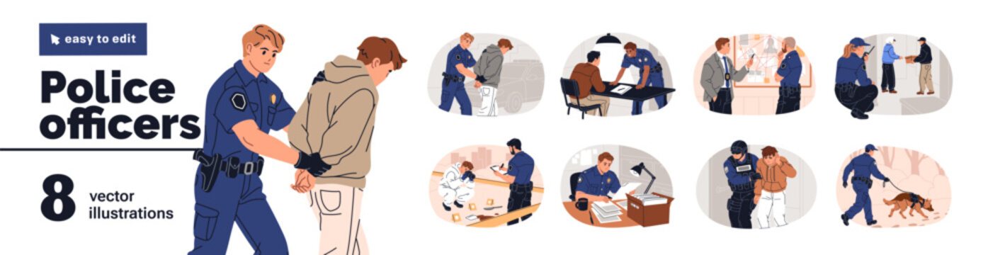 Police officers while work set. Policemen arrest thief, examine criminal scene, interrogate suspect. Cop with dog on trail. detectives investigate crime. Flat isolated vector illustration on white