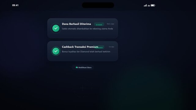 Modern mobile app user interface displaying transaction success notifications and cashback alerts on a dark digital screen with green confirmation icons