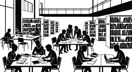 Library scene with students and bookshelves black and white silhouette © Nahid